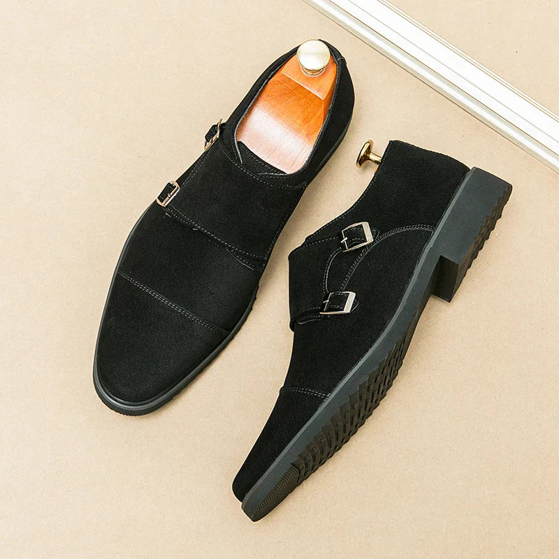 New Brown Loafers Flock Double Buckle Monk Shoes Black Square Toe Slip-On Business Men Dress Shoes Size 38-46 Free Shipping