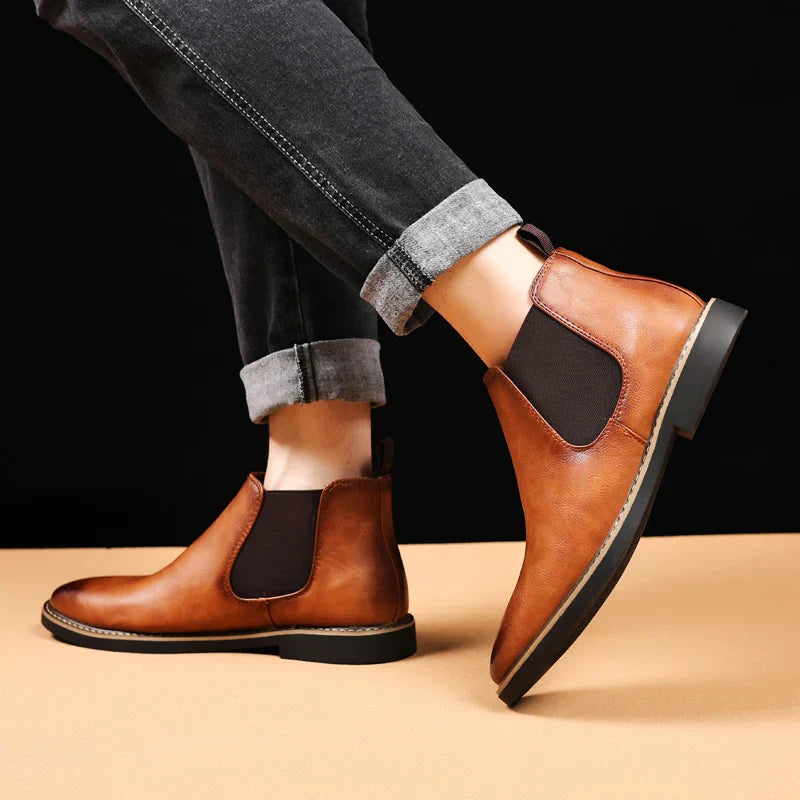 YRZL 39~47 Men Chelsea Boots Brand Retro Comfortable PU Leather Ankle Boots Men 2025 Fashion Black Brown Mens Boots